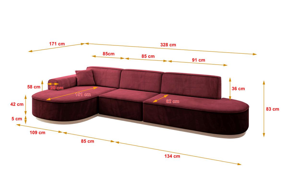 ECKSOFA Ottomane Links MARI-L2-v1 - 328x171x83 cm Bordeaux Velours - Bordeaux, Holzwerkstoff/Textil (328/171cm) - ALTDECOR