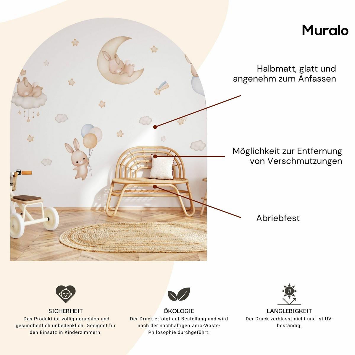 WANDSTICKER Kaninchen Wolken Sterne Ballons 120x60 - Gelb/Beige, Papier (120/60/1cm) - Muralo