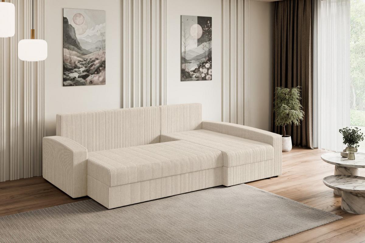 ECKSOFA mit Schlaffunktion und Bettkasten ALESIA-L 231x140x90 cm Beige Cord - Beige/Silberfarben, Holzwerkstoff/Kunststoff (231/140cm) - ALTDECOR