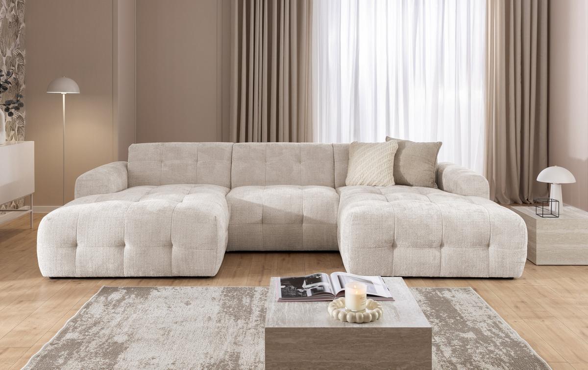 WOHNLANDSCHAFT in U-Form mit raffinierten Steppungen, 6-Sitzer, Wellenunterfederung, B323/T161/H79 cm, Chenille-Bezug in Beige / 21047 - Beige/Schwarz, Kunststoff/Textil (323/79/161cm) - luma-home
