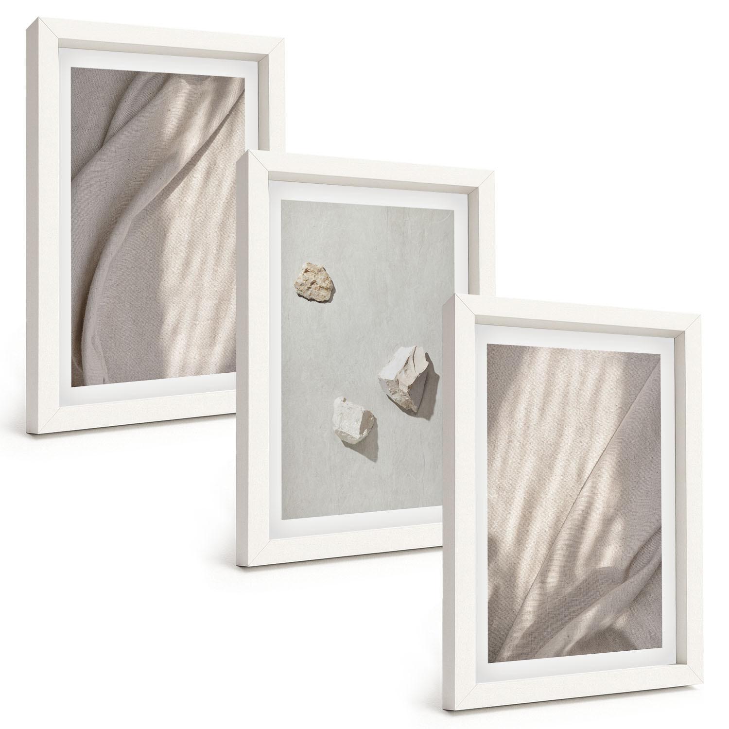 BILDER SET 3er Set - 20x30 cm Weißer Rahmen - Nahaufnahmen der Struktur im Boho-Stil - Weiß, Kunststoff (20/30cm) - TULUP