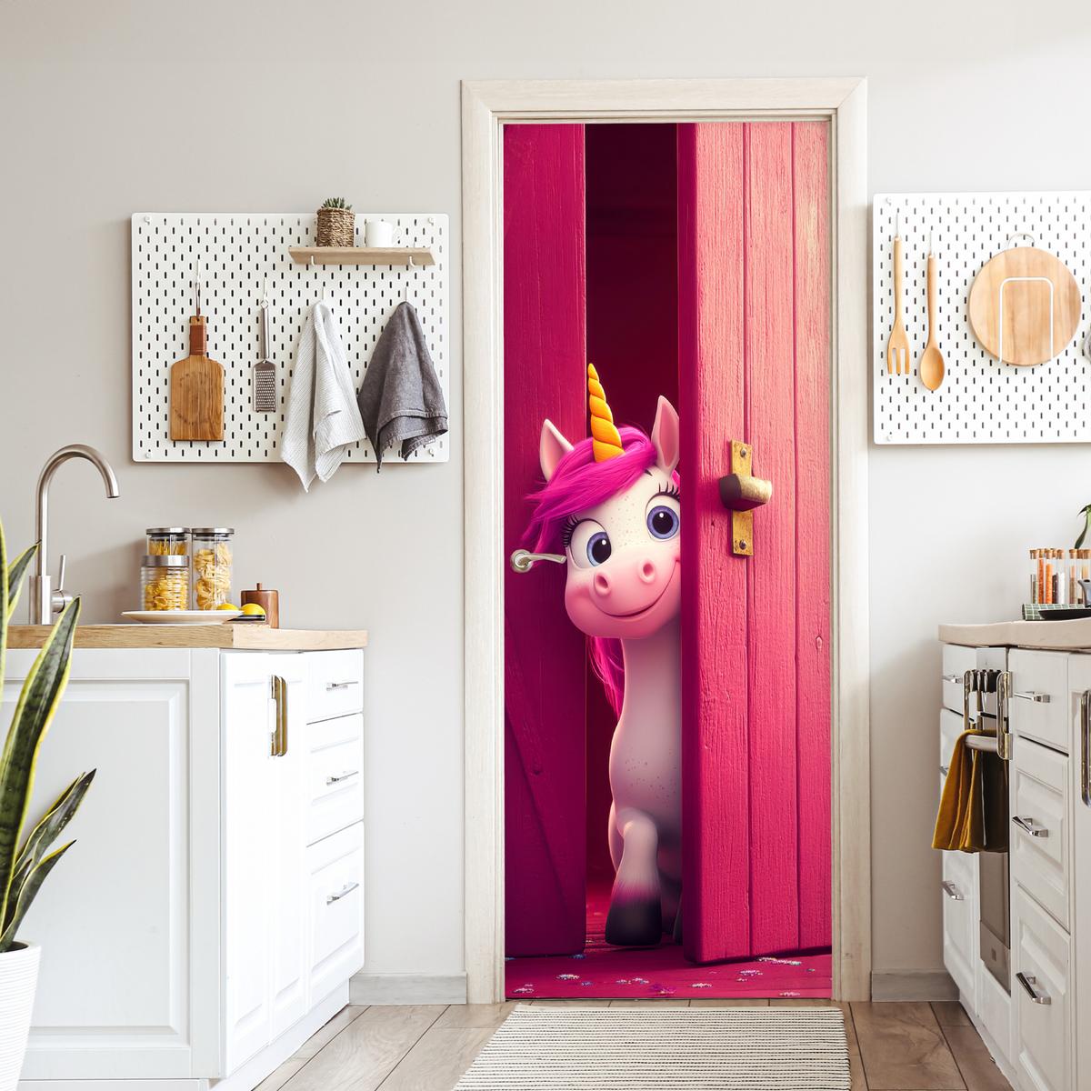 TÜRAUFKLEBER Einhorn - Rosa - Tür - Fantasie 80x215 cm - Türtapete - Pink, Kunststoff (80/0.1cm) - MuchoWow