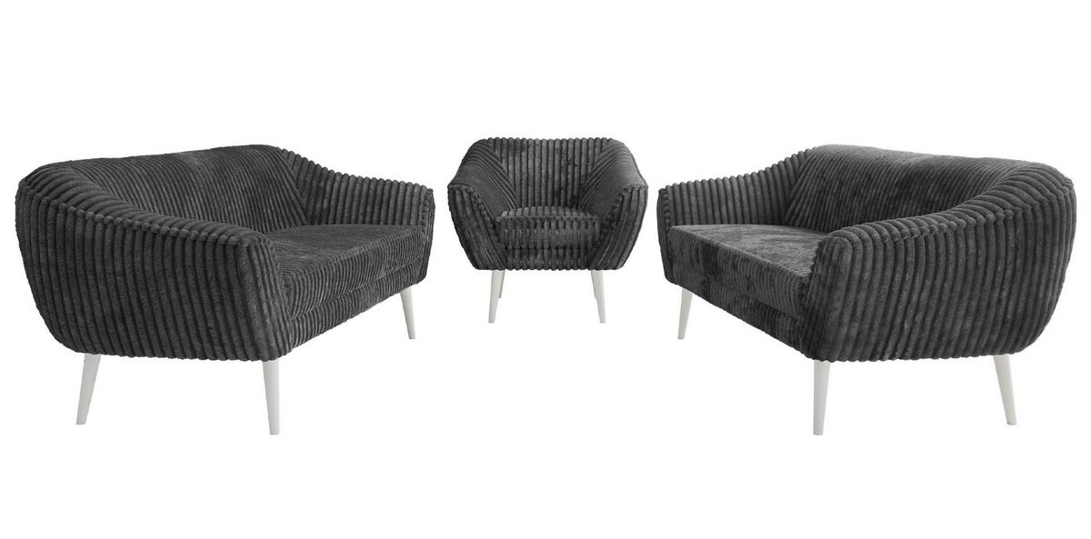 SITZGARNITUR PIRS 3+3+1 - Grau Cord - Weiße Beine - Weiß/Grau, Holzwerkstoff/Textil (180/75/74cm) - MKS
