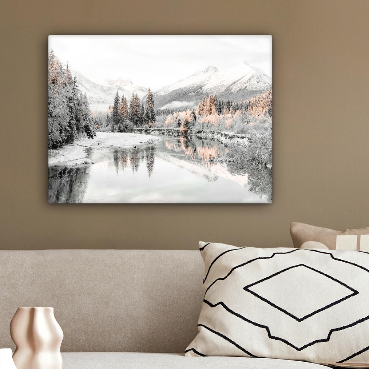 LEINWANDBILD Natur - Winter - Bäume - Berge - Schnee Wandbild 40x30 cm - Weiß Hochglanz, Textil (40/30cm) - MuchoWow