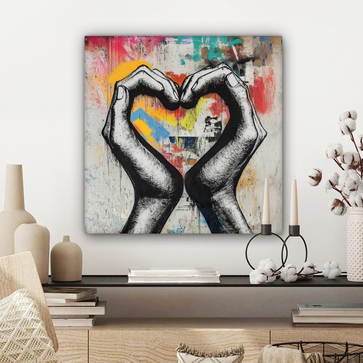 LEINWANDBILD Hände - Herz - Straßenkunst - Graffiti Wandbild Wohnzimmer 50x50 cm - Multicolor, Textil (50/50cm) - MuchoWow
