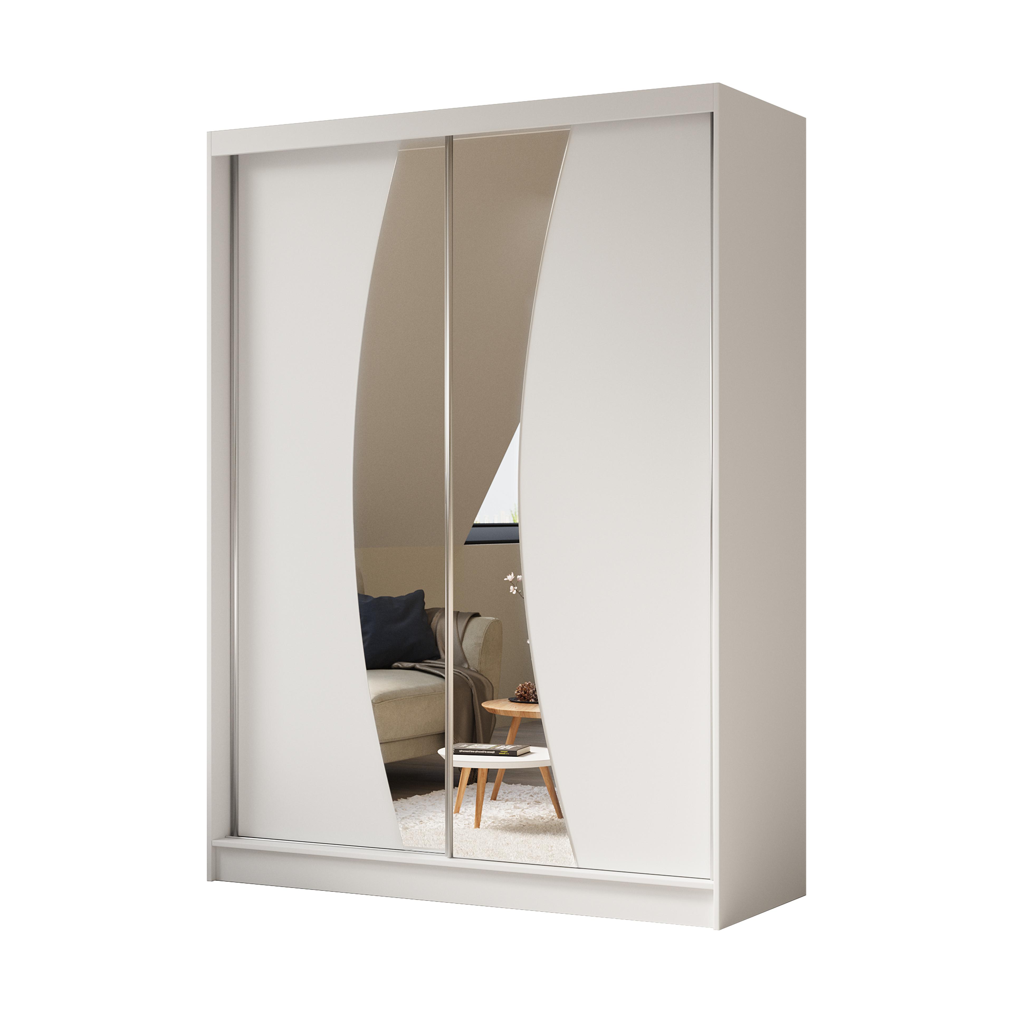 KLEIDERSCHRANK mit Spiegel-Schiebetüren und Aluminium-Leisten, LED-Beleuchtung - VOXI - 160 cm Weiß - Weiß, Holzwerkstoff (160/216/61cm) - ALTDECOR