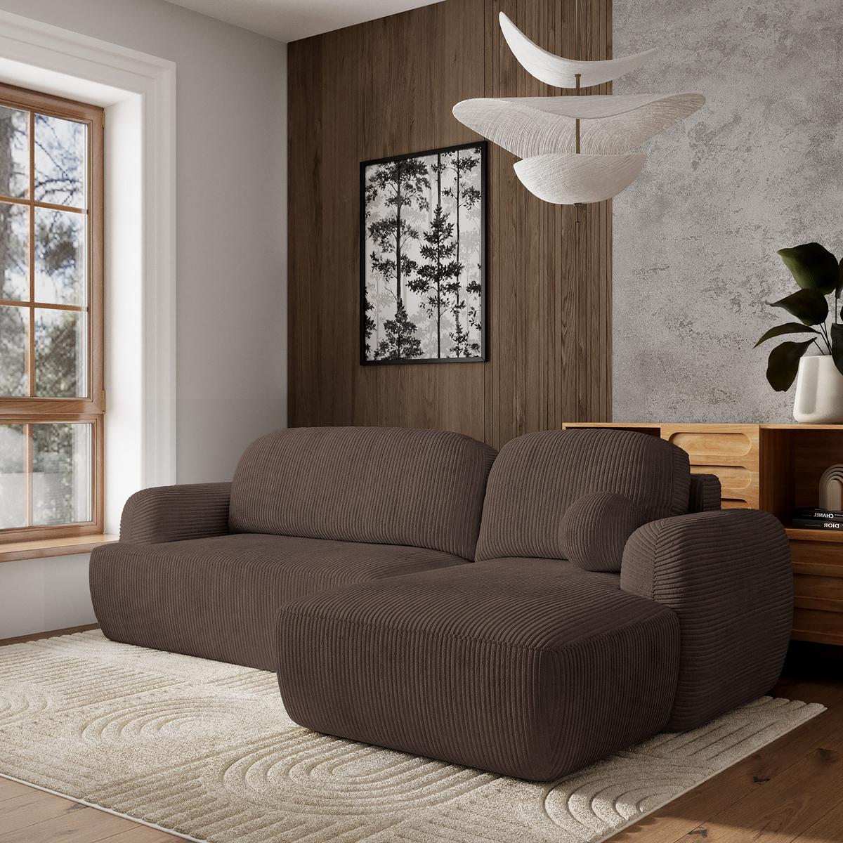 ECKSOFA MODENZA P R-S Braun Kordstoff mit Schlaffunktion - Schwarz/Braun, Holz/Kunststoff (266/148cm) - MASSENO