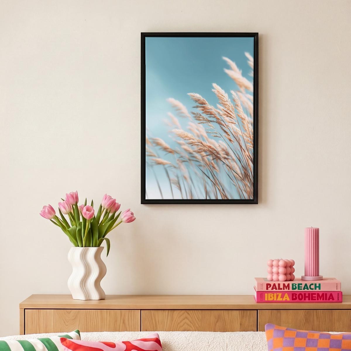 LEINWAND Bilder mit Rahmen - Ziergras - Wind - Hellbraun - 20x30 - Hellblau, Textil (20/30cm) - MuchoWow