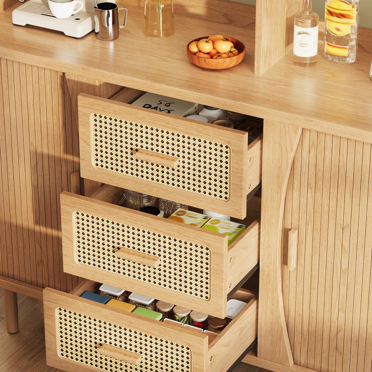 BUFFETSCHRANK Holzoptik mit Rattan & Glasschiebetüren, 140x174,5cm, Küchenschrank - Naturfarben, Holzwerkstoff (140/174.5/40.5cm) - Urban Meuble