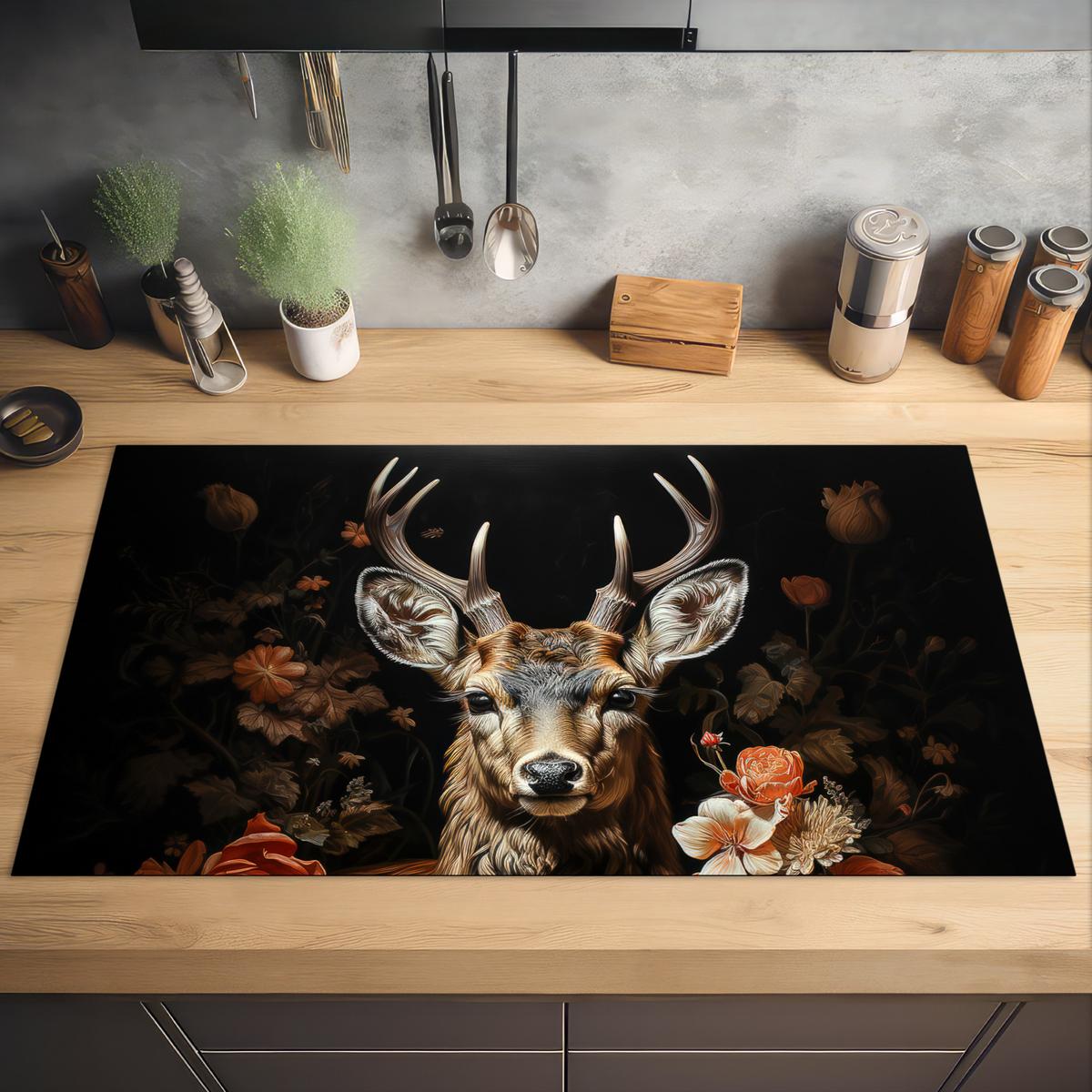 HERDABDECKPLATTE Hirsch - Tier - Blumen - Natur - Botanisch Induktionsschutz 91.6x52.7 cm - Kupferfarben, Kunststoff (91.6/52.7/0.2cm) - MuchoWow
