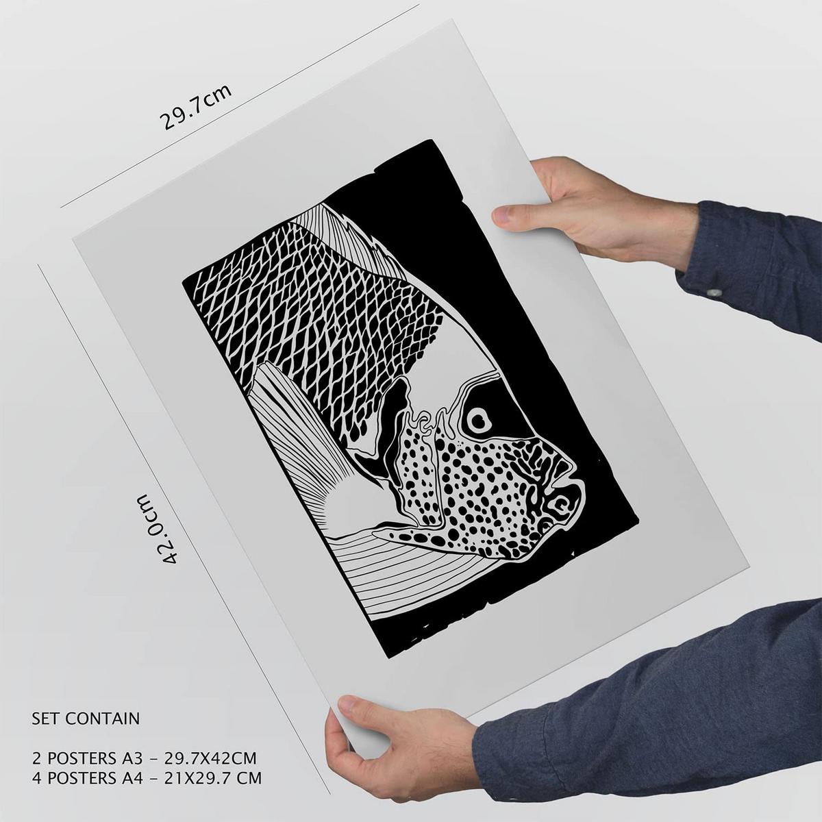 POSTER Set Mit 6 In Schwarzer Tinte Muscheln Kunstdrucke Von Meer Und Ozean Für Innenarchitektur A3 & A4 Schwarzer Rahmen - Schwarz, Papier (29/3cm) - Nacnic
