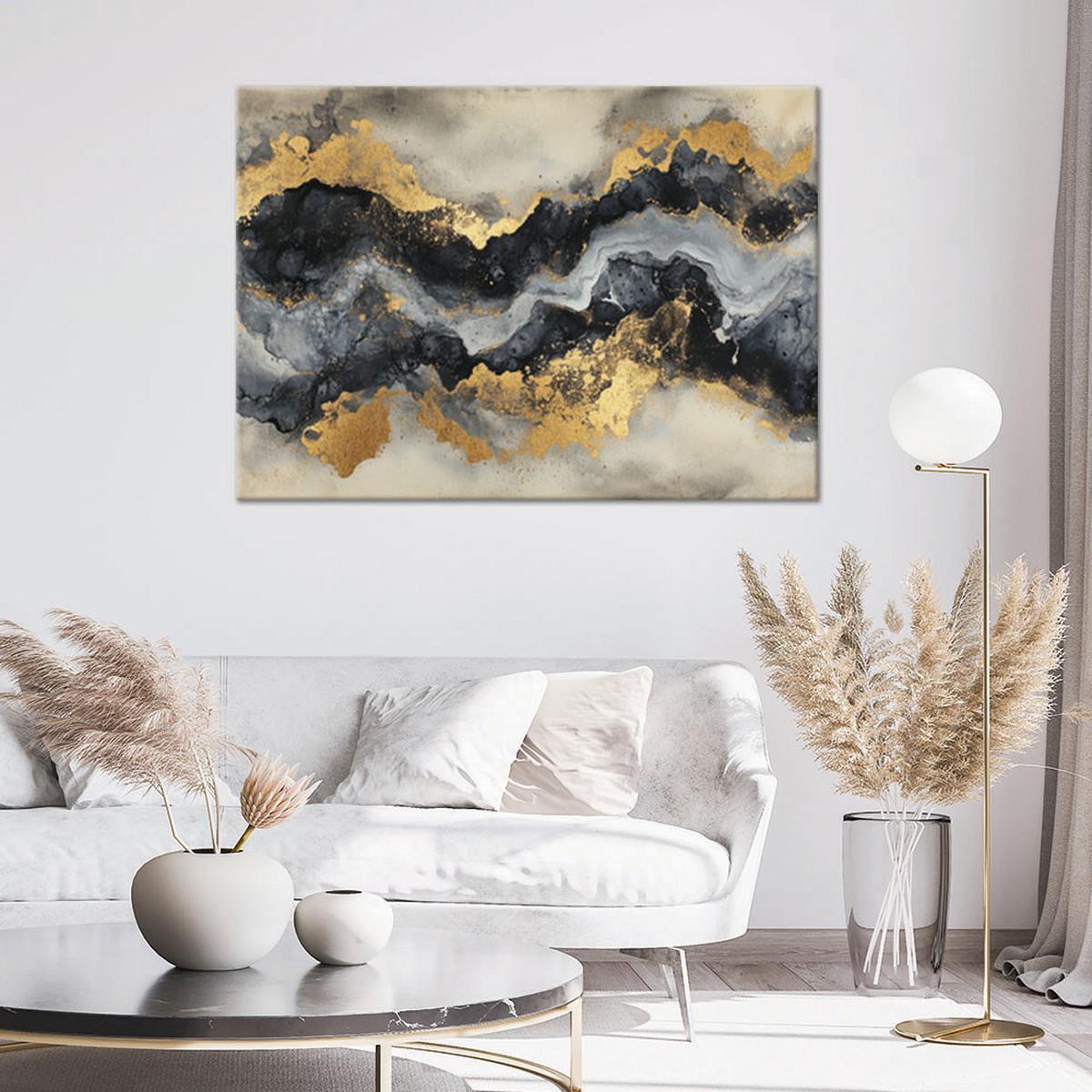 LEINWANDBILD Schwarz-weißer Marmor mit Gold 90x60cm - Goldfarben, Textil (90/60cm) - Feeby