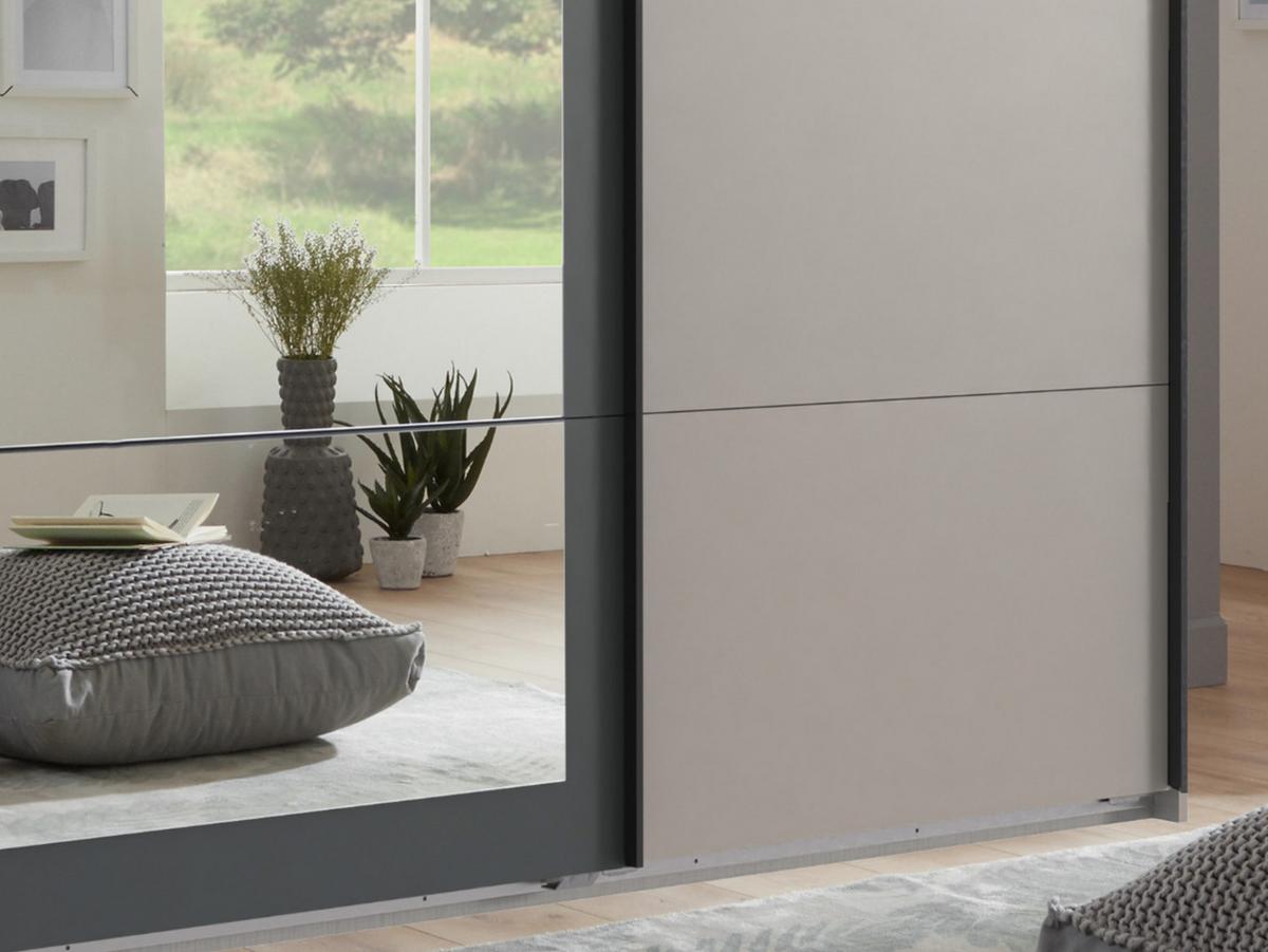 SCHWEBETÜRENSCHRANK 3-türig B270/H210/T65 cm, Spiegeltür, Kleiderschrank in Sandgrau mit Absetzungen in Anthrazit / 22007 - Sandfarben/Anthrazit, Holzwerkstoff/Metall (270/208/65cm) - luma-home