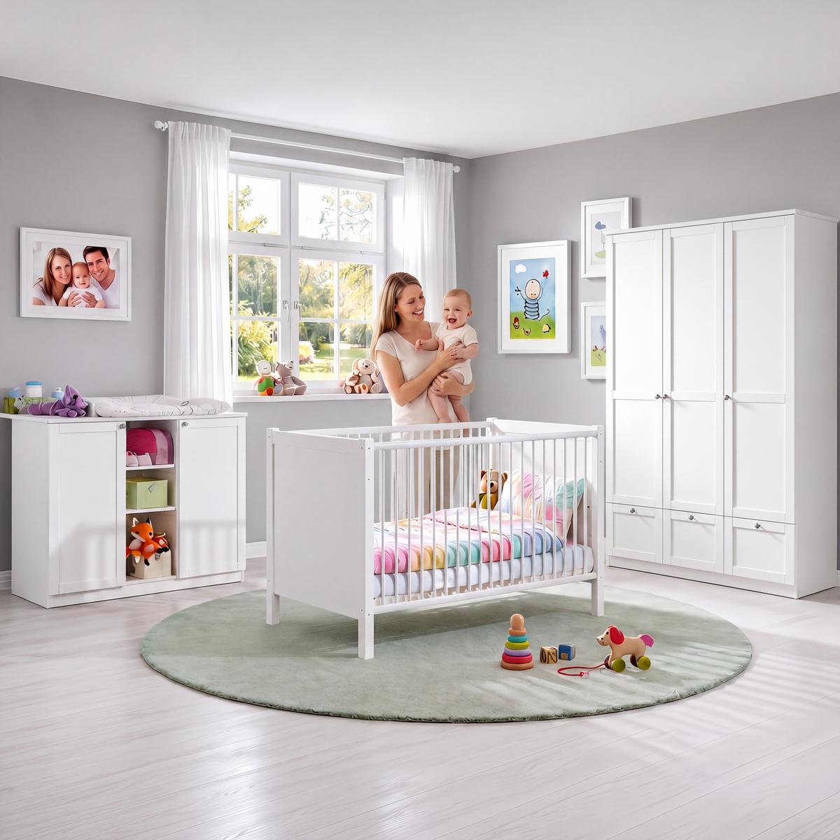 BABYZIMMER-SET 3-teilig: Babybett & Wickelkommode & Kleiderschrank 3-türig mit Schubladen B135/H200/T58 cm, Soft-Close, Landhausstil Weiß / 22804 - Silberfarben/Weiß, Holzwerkstoff/Metall (76/83/146cm) - luma-home