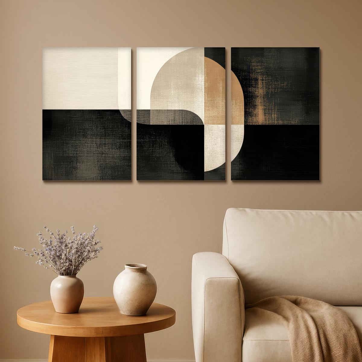 LEINWANDBILD 3er Set Formen - Abstrakt - Gold 120x60 cm - Schwarz, Textil (120/60cm) - MuchoWow