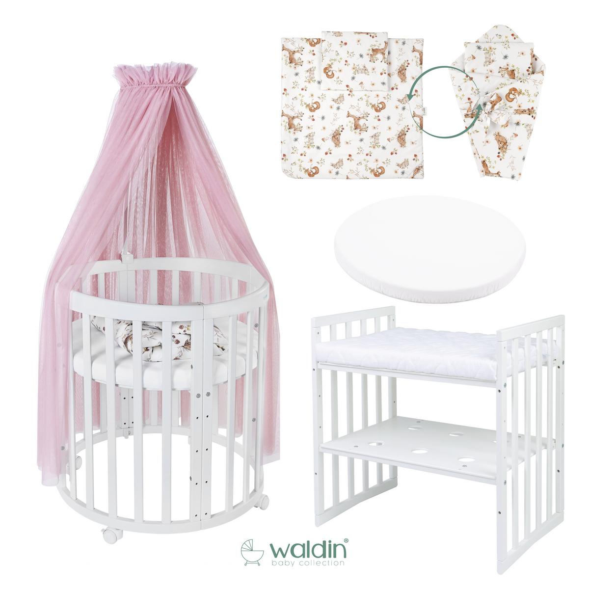 BABYBETT NATUR OVAL 7in1 mit Matratze und Himmelset - Naturfarben/Rosa, Holz/Textil (73/125cm) - waldin
