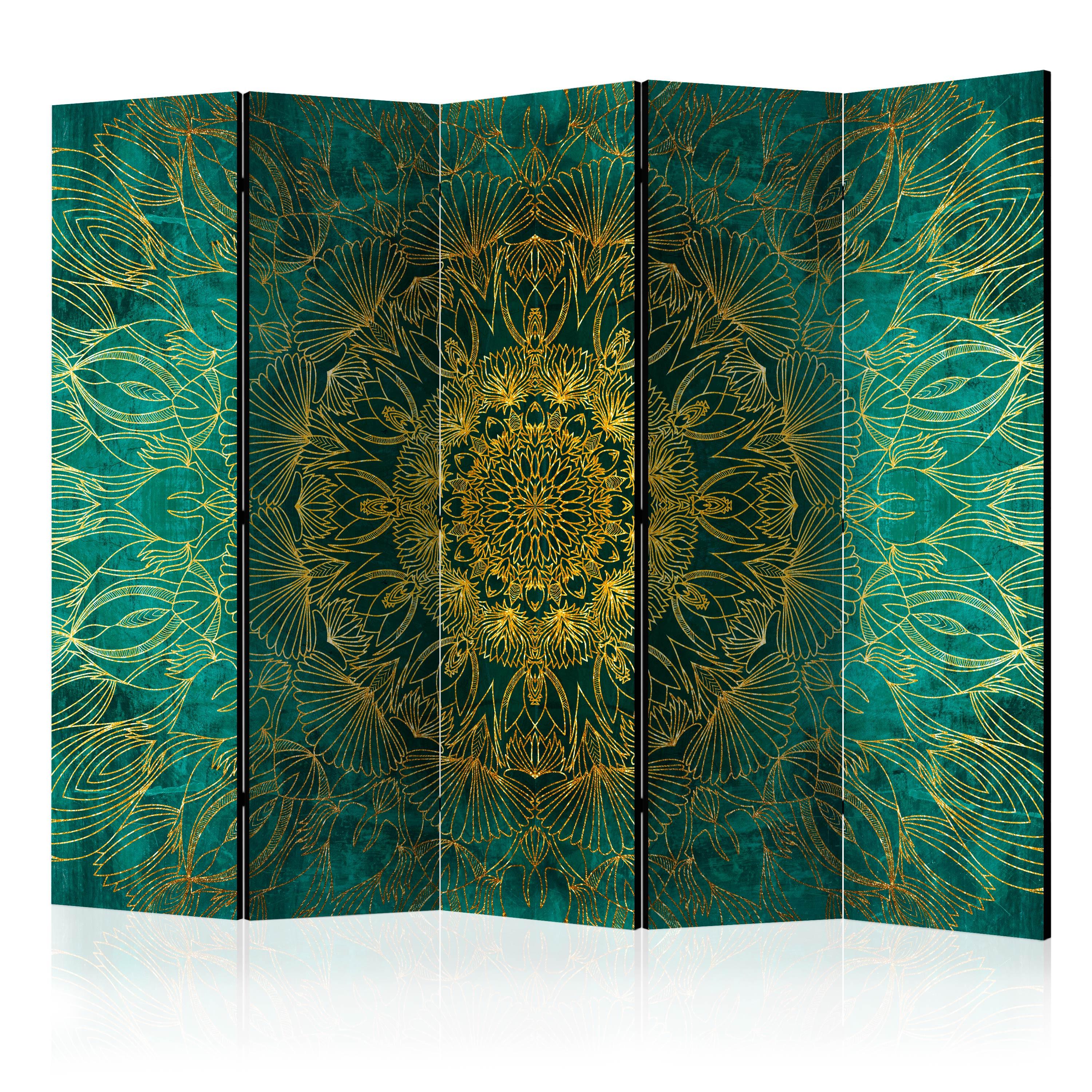 PARAVENT Beidseitig Bedruckter 5-tlg 225x172 cm Goldene Mandala - Grün, Holz/Textil (225/172/3cm) - Muralo