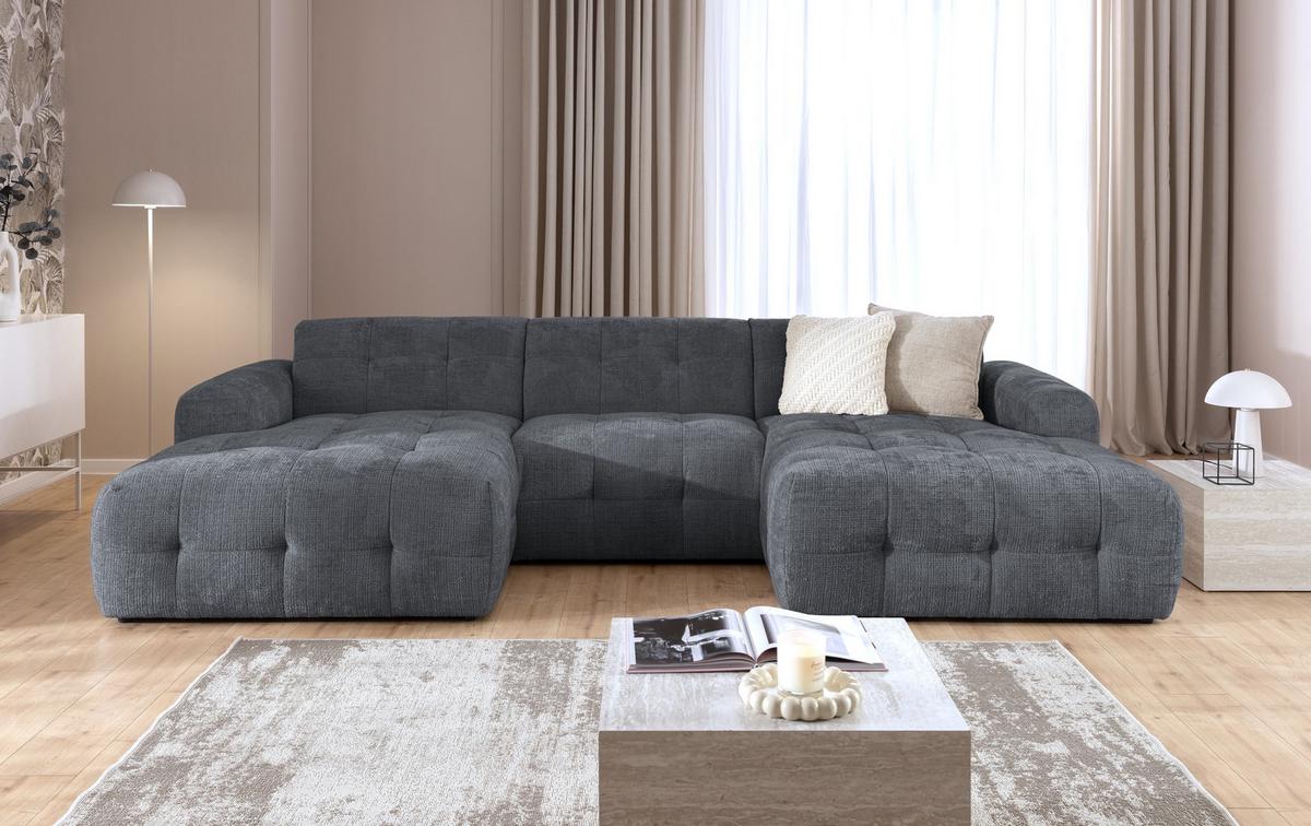 WOHNLANDSCHAFT in U-Form mit raffinierten Steppungen, 6-Sitzer, Wellenunterfederung, B323/T161/H79 cm, Chenille-Bezug in Grau / 21052 - Schwarz/Grau, Kunststoff/Textil (323/79/161cm) - luma-home