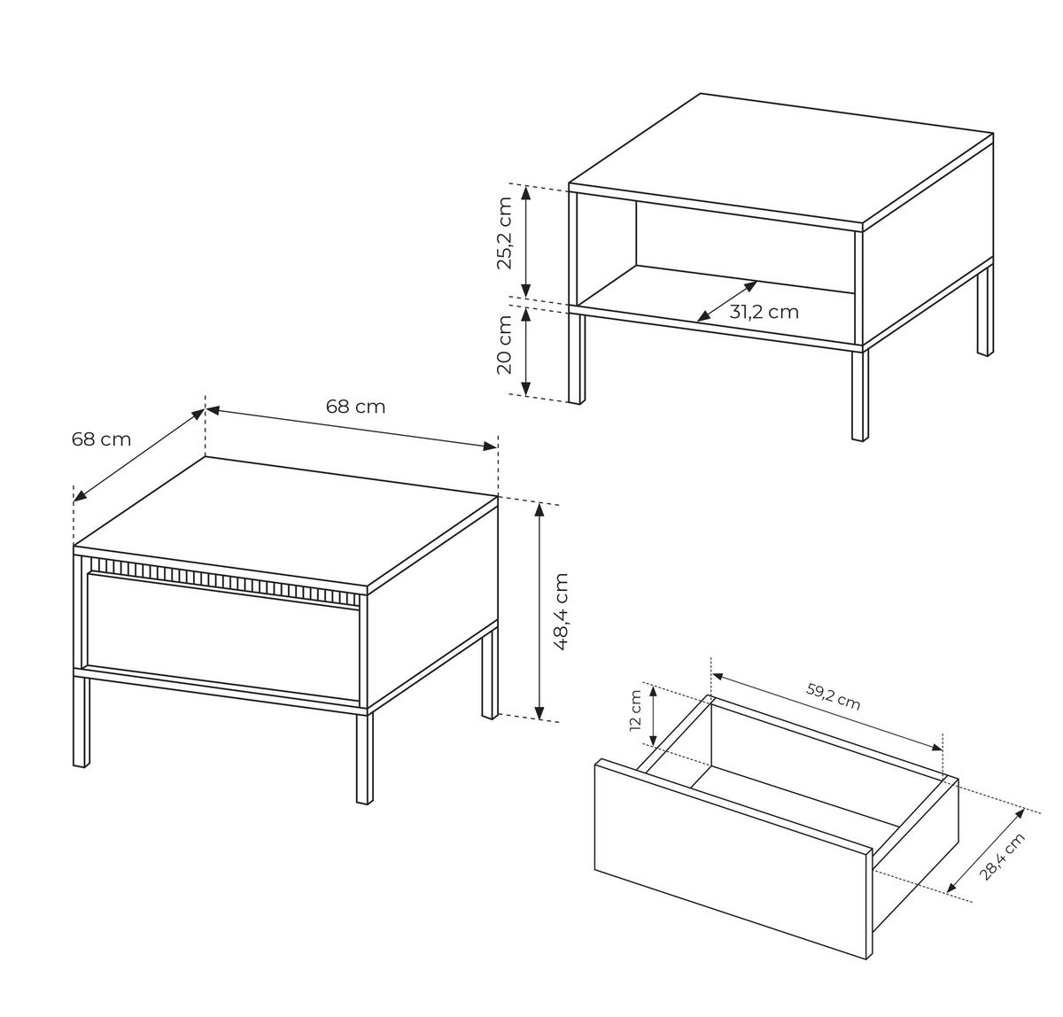 COUCHTISCH Trentinis 1S Beige 68/48,4/68 cm – Geriffelten Fronten - Beige, Holzwerkstoff/Metall (68/68/48.4cm) - AX Living