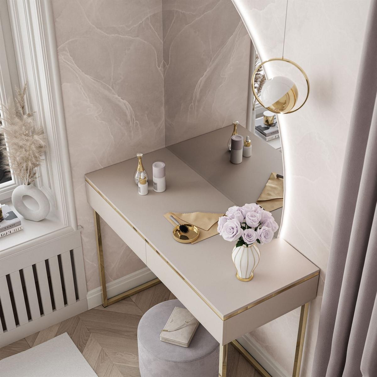 SCHMINKTISCH AURORA-Q GOLD auf goldenem Gestell mit rechts Spiegel - Kaschmir/Goldfarben, Holzwerkstoff/Metall (102/174/44cm) - Lookway