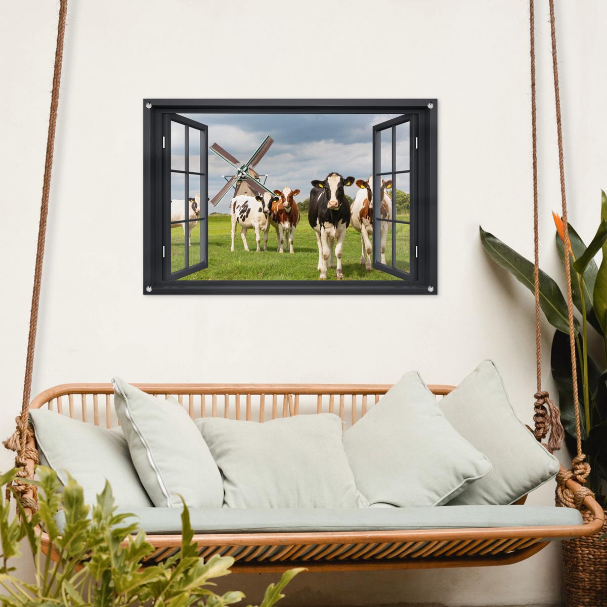 GARTENPOSTER Aussicht - Kuh - Mühle - Kühe - Wiese - Gras - Grün Gartendeko 90x60 cm - Anthrazit, Kunststoff (90/60/0.2cm) - OnlyWow