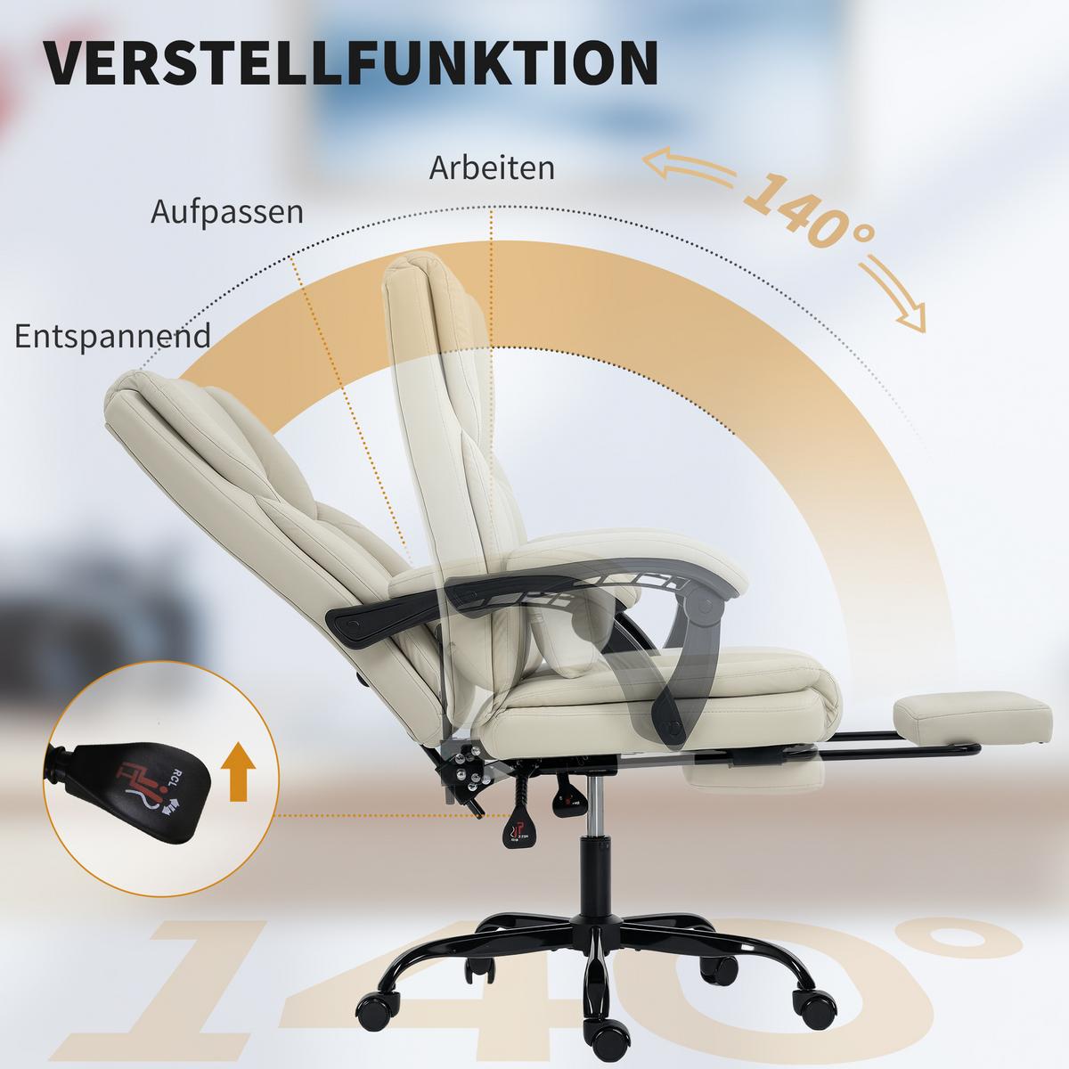 BÜROSTUHL, Ergonomisch mit Verstellbar Rückenlehne, Beige - Beige/Schwarz, Kunststoff/Textil (65/119/67cm) - HOMCOM