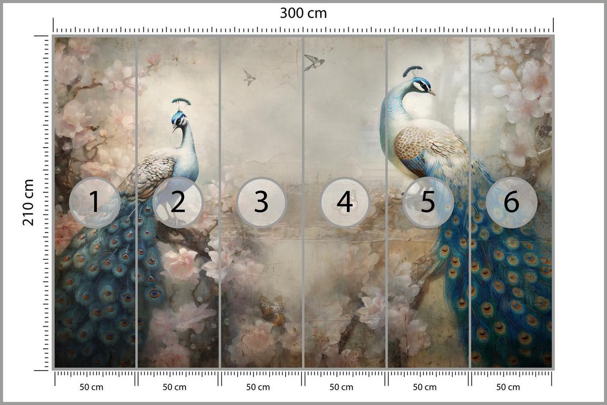 FOTOTAPETE Abstrakte Pfauen Blumen Beton Vintage 300x210 - Blau/Beige, Papier (300/210cm) - Muralo