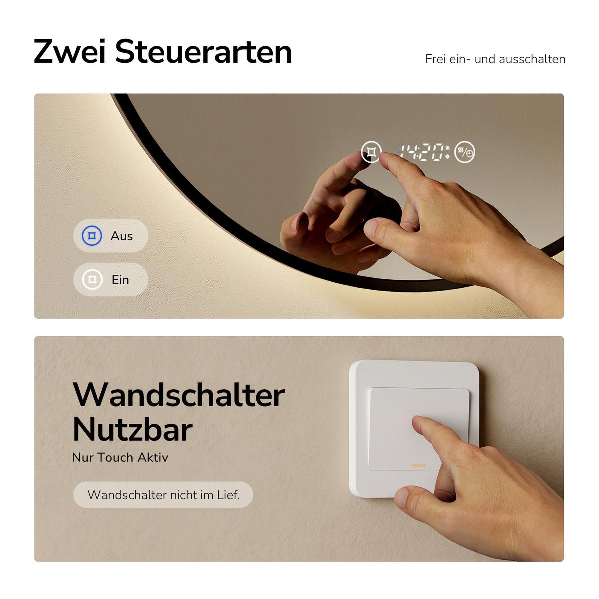 BADSPIEGEL mit LED-Beleuchtung Anti-Beschlag Zeitanzeige Schwarz Ø 60 cm - Schwarz, Glas (60/60/3cm) - EMKE