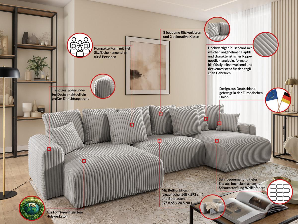 WOHNLANDSCHAFT Calma mit Schlaffunktion und Bettkasten im Bumpy-Design aus weichem Taupe Plüschcord - Taupe/Beige, Holz/Textil (336/88/140cm) - S-Style