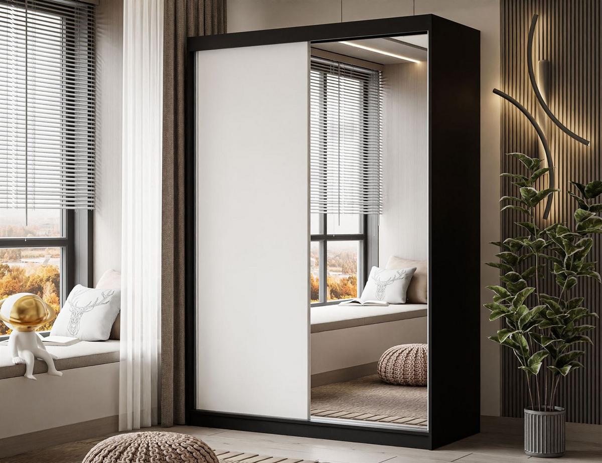 KLEIDERSCHRANK CAMARO II 150 cm mit Spiegel Schiebetürenschrank Schwarz / Weiß - Schwarz/Weiß, Holzwerkstoff (150/215/59cm) - Lookway