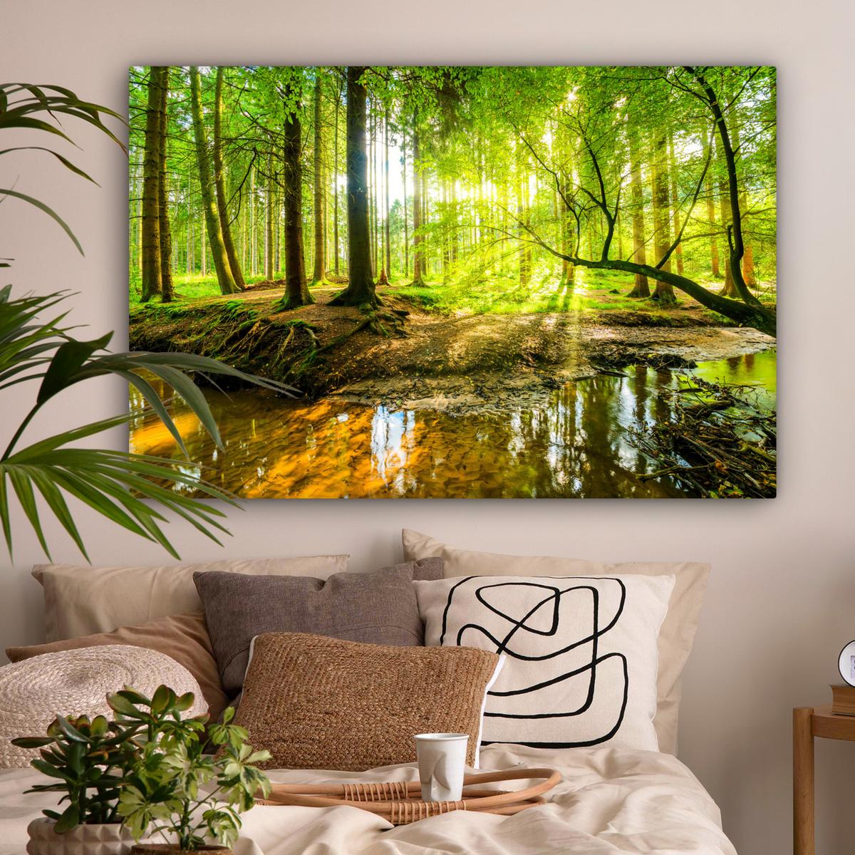 LEINWANDBILD Wald - Landschaft - Wasser - Bäume - Sonne - Grün - Natur Groß 140x90 cm - Grün, Textil (140/90cm) - MuchoWow