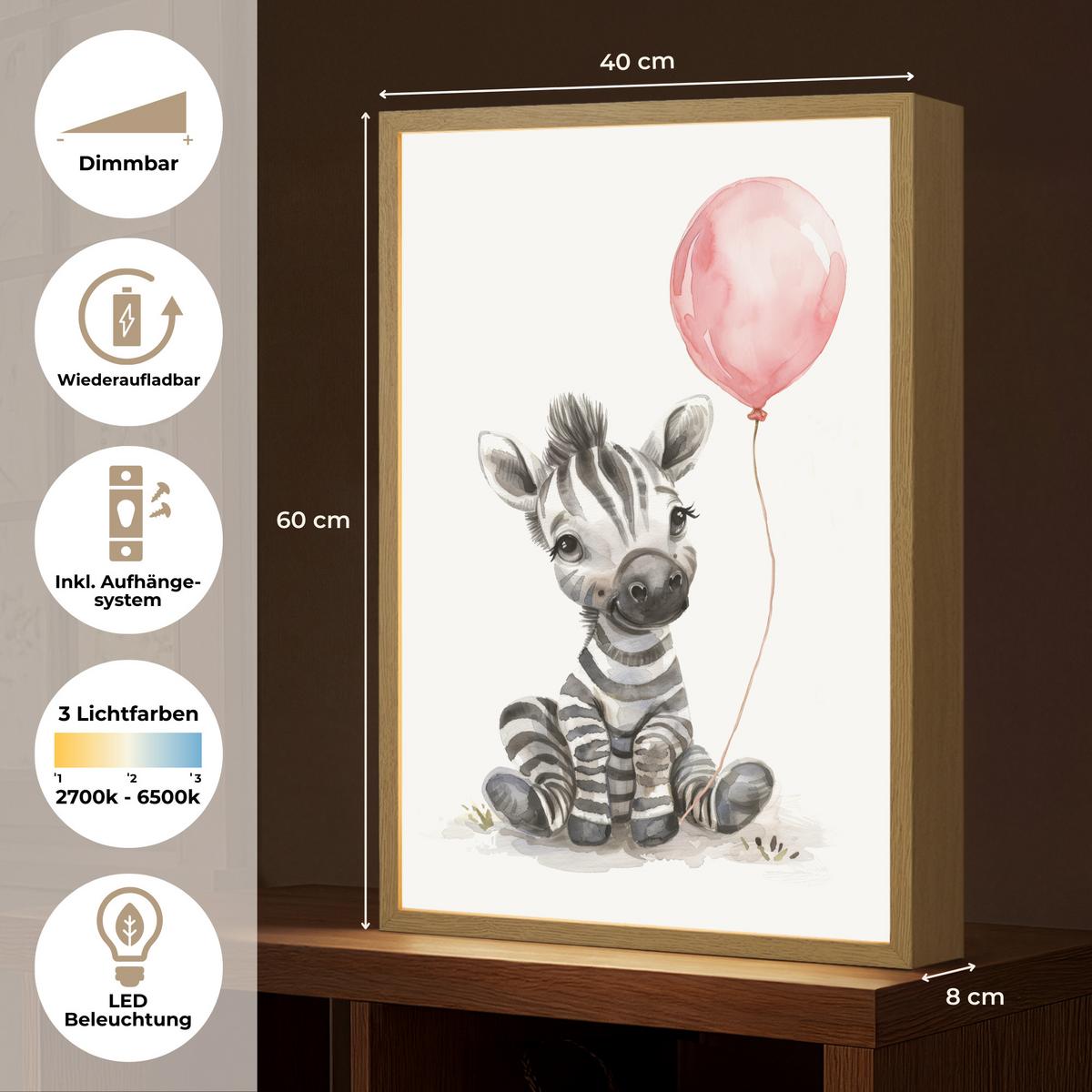 NACHTTISCHLAMPE MIT AKKU Zebra - Baby - Tiere - Rosa Luftballon 40x60 cm - Weiß, Holzwerkstoff (8/40/60cm) - OnlyWow