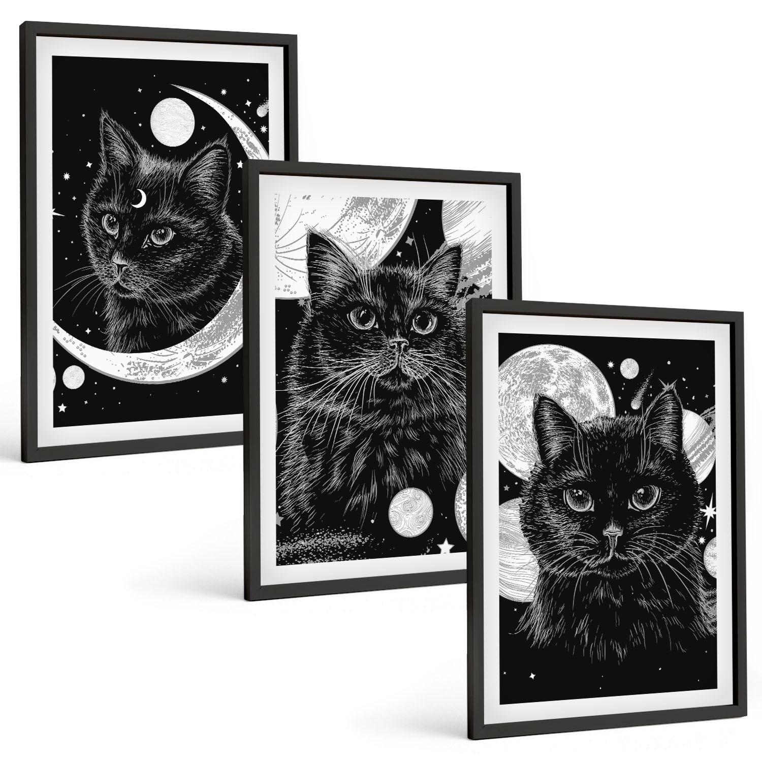 BILDER SET 3er Set - 40x60 cm Schwarzer Rahmen - Schwarze Katzen, Mond, Weltraum - Schwarz, Kunststoff (40/60cm) - TULUP