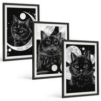 BILDER SET 3er Set - 40x60 cm Schwarzer Rahmen - Schwarze Katzen, Mond, Weltraum - Schwarz, Kunststoff (40/60cm) - TULUP