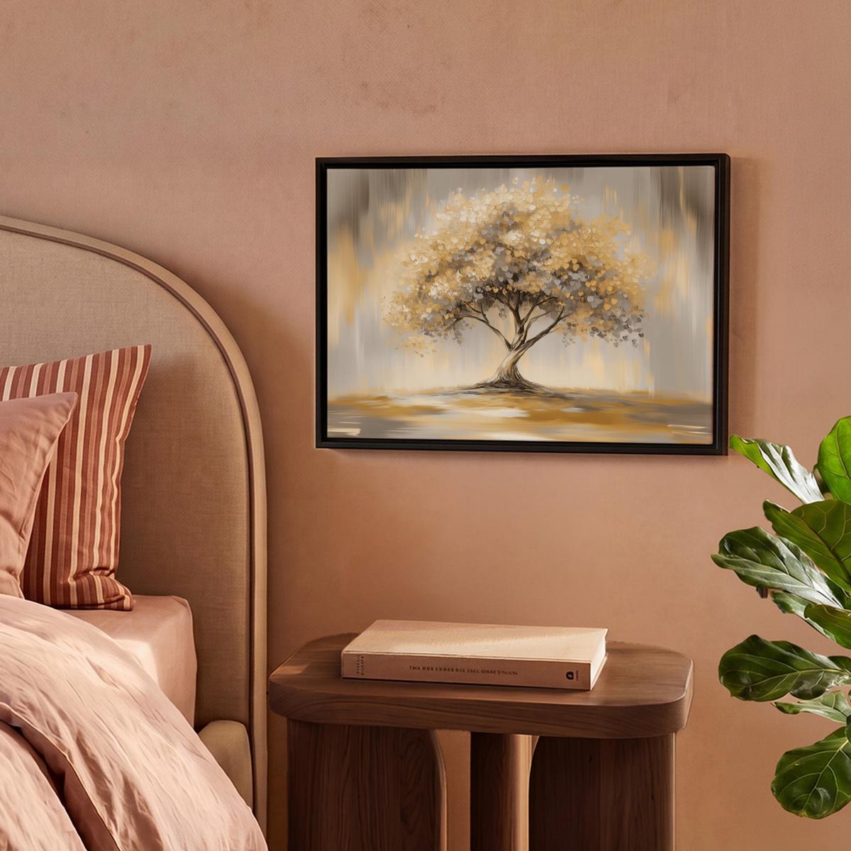 LEINWAND Bilder mit Rahmen - Gemälde - Baum - Abstrakt - Blätter - 40x30 - Beige, Textil (40/30cm) - MuchoWow