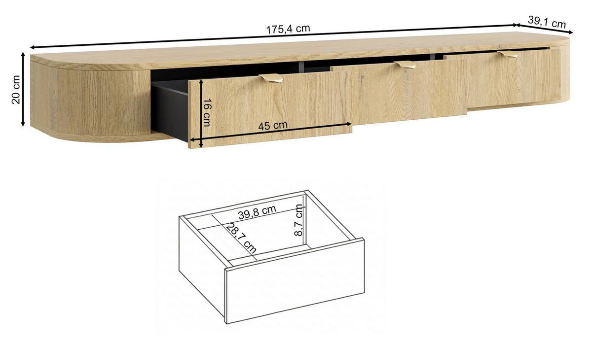 TV-HÄNGEBOARD Coru Slim mit 3 Schubladen 175 cm - Dunkelbraun, Holzwerkstoff/Metall (175.4/20/39.1cm) - Selsey