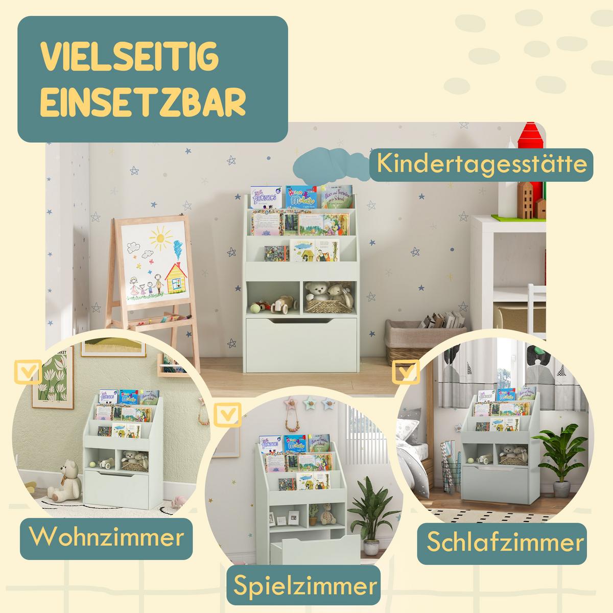 KINDER Bücherregal Kinderregal mit Schublade, 3 Ablagefächern, 2 offenen Fächern - Grün, Holzwerkstoff (29.9/90/60cm) - HOMCOM