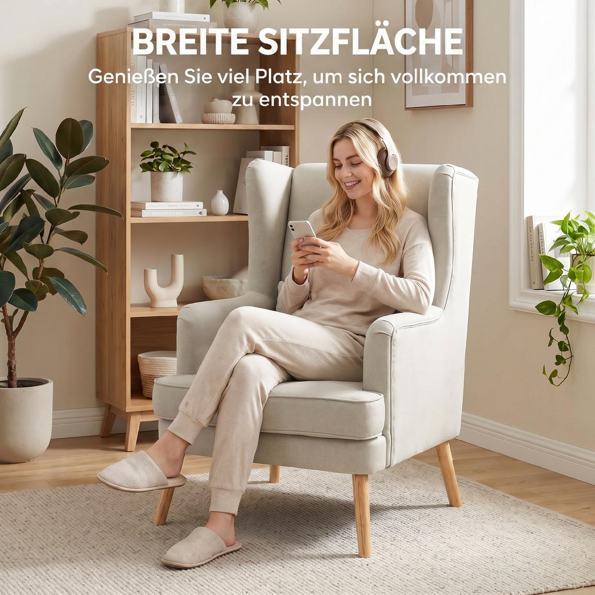 OHRENSESSEL Leinen Gummiholz Beige - Beige/Naturfarben, Holz/Textil (77/110/77cm) - HOMCOM