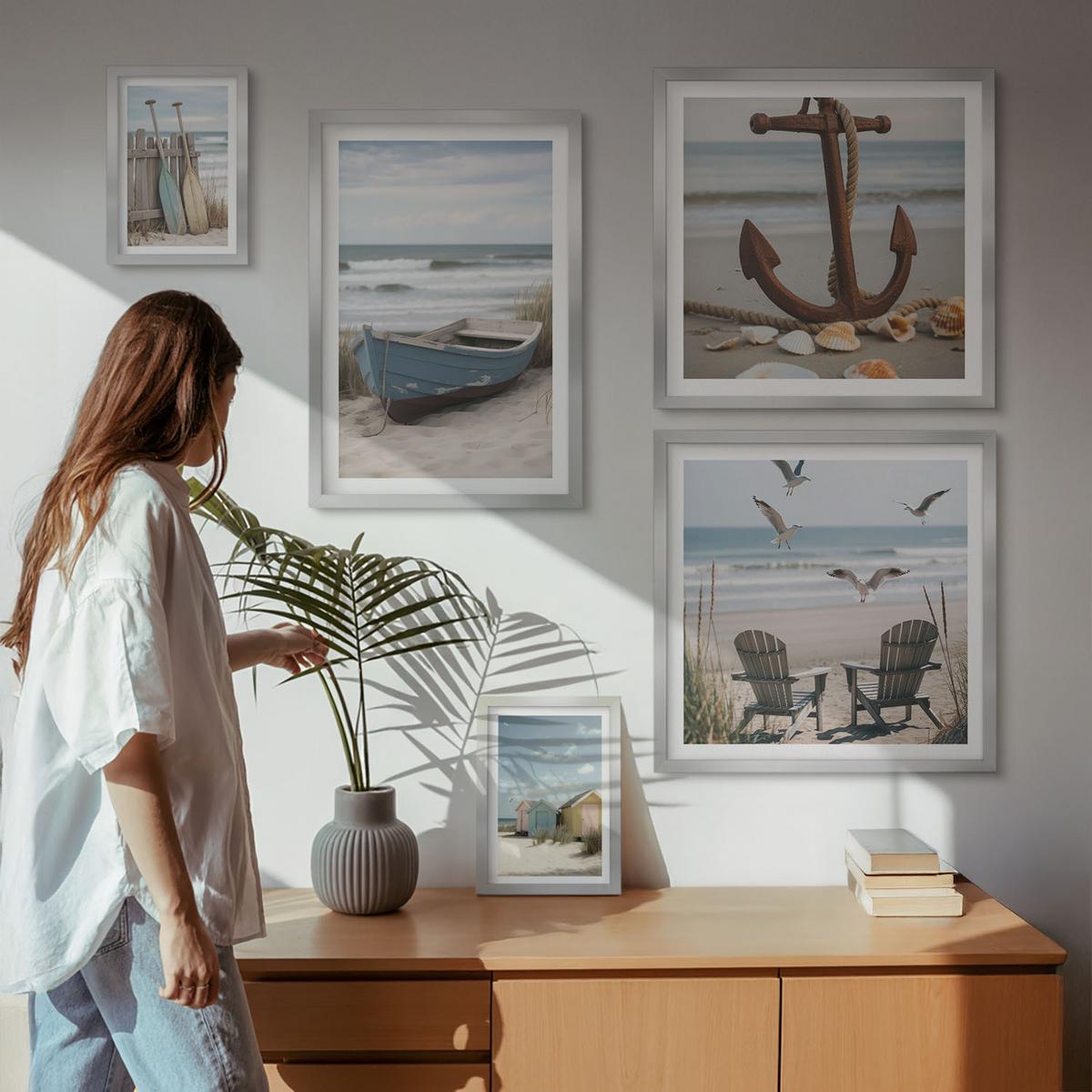 BILDER SET 5er Set - 50x50 cm & 20x30 cm & 40x60 cm Silberner Rahmen - Abstrakte Pflanzenmotive - Silberfarben, Kunststoff (40/60cm) - TULUP