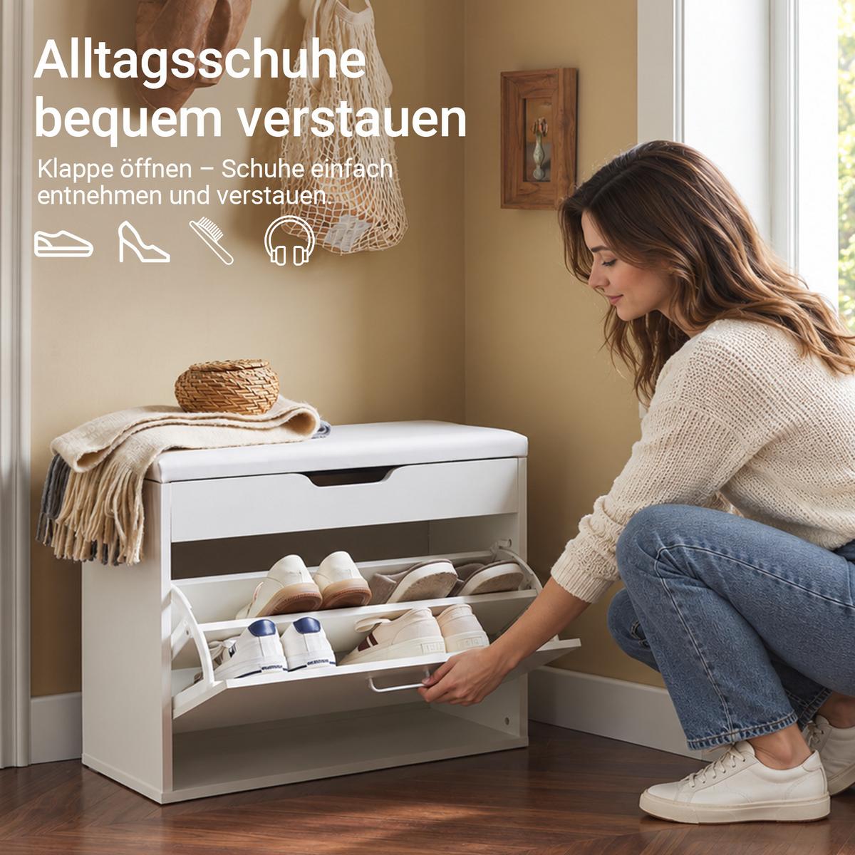 SITZBANK Weiß mit Klappe und Deckel, 60 x 50 x 30 cm, bis 120 kg, Sitzpolster aus PU, Schuhbank für den Flur - Weiß, Holzwerkstoff (60/50/30cm) - SoBuy