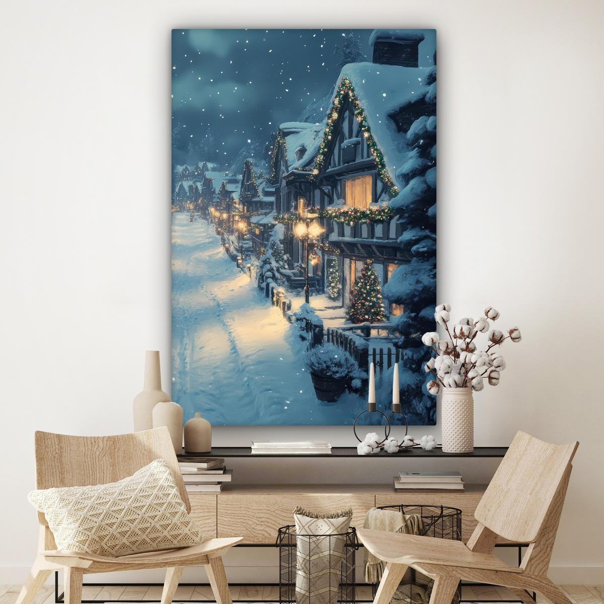 LEINWANDBILD Weihnachtsdorf - Weihnachten - Schnee - Winter Deko Groß 90x140 cm - Dunkelblau, Textil (90/140cm) - MuchoWow