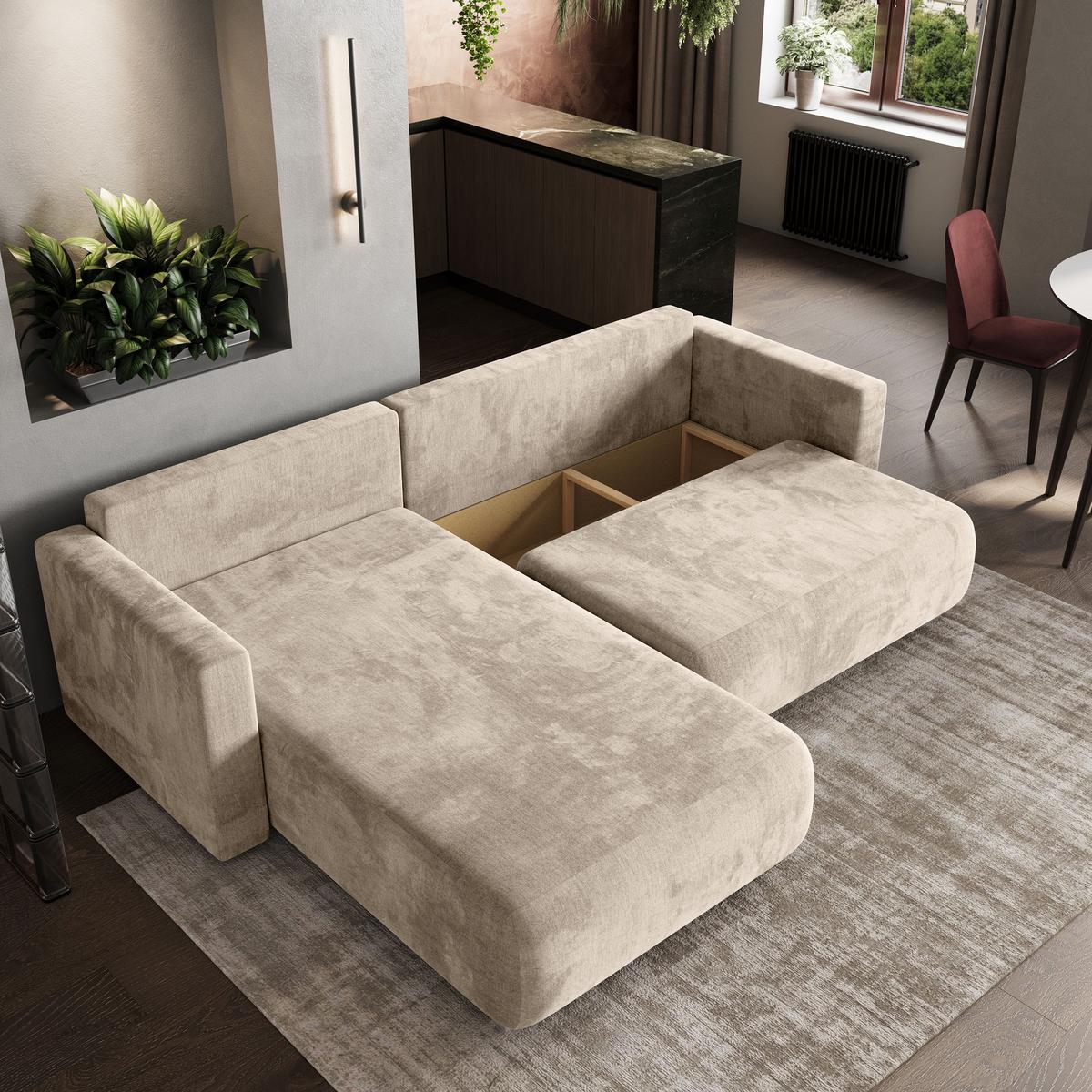 ECKSOFA TURIN M Creme Velours-Stoff mit Schlaffunktion - Creme/Grau, Holz/Kunststoff (265/183cm) - MASSENO