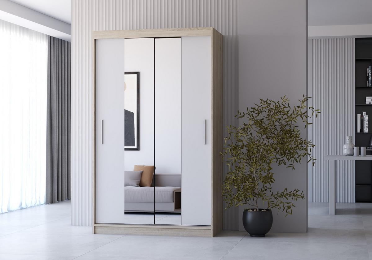 SCHWEBETÜRENSCHRANK Neomi 01 Sonoma Eiche/Weiß mit Spiegel 120 cm - Alufarben/Weiß, Holzwerkstoff/Kunststoff (120/200/61cm) - imoebel24