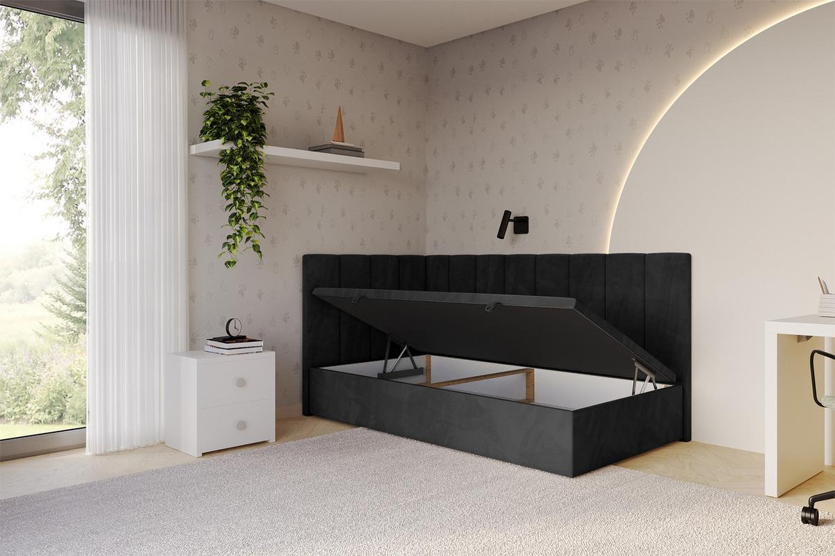 EINZELBETT Jugendbett mit Bettkasten Rechts, ohne Matratze - LOVY 80x200 Schwarz - Schwarz, Holzwerkstoff/Textil (80/200cm) - ALTDECOR
