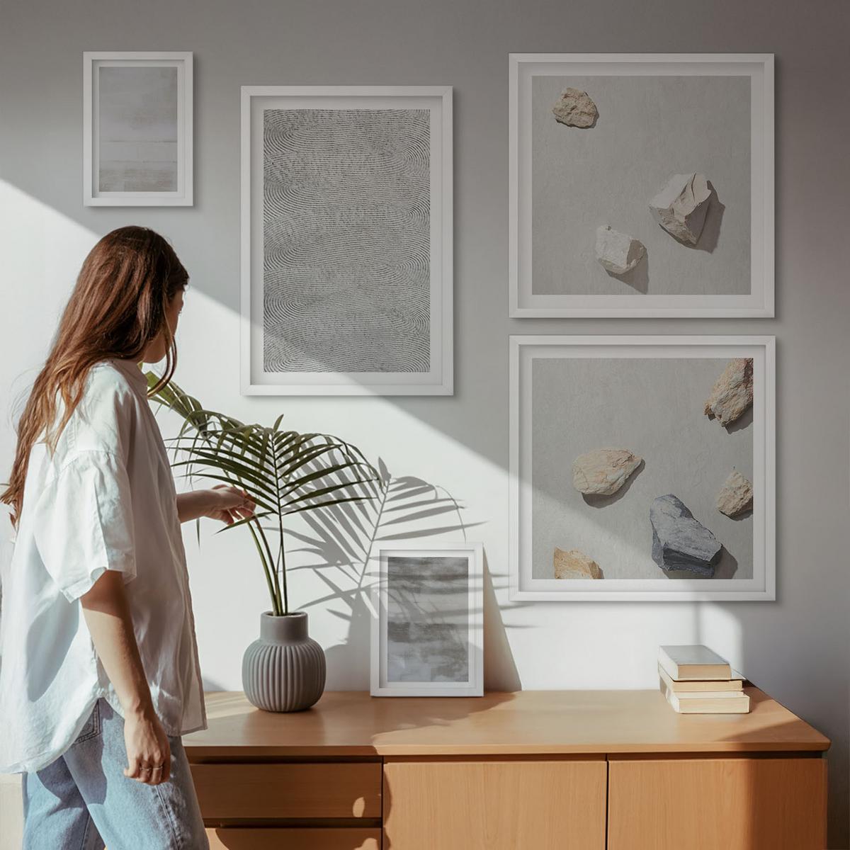 BILDER SET 5er Set - 50x50 cm & 20x30 cm & 40x60 cm Weißer Rahmen - Moderne minimalistische Texturen - Weiß, Kunststoff (40/60cm) - TULUP