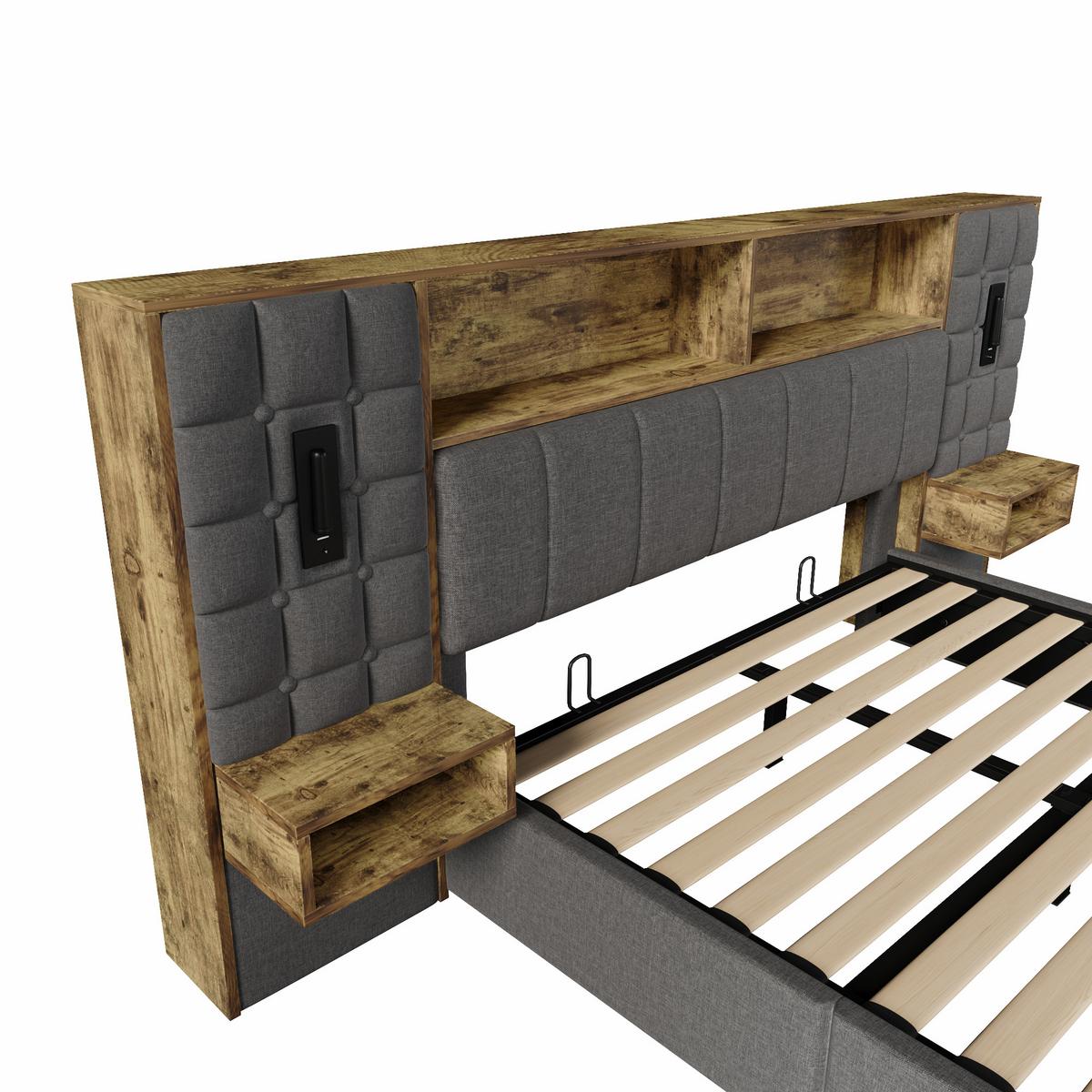 POLSTERBETT 160x200 mit Stauraum LED Nachttische USB Leinen - Grau, Textil (160/200cm) - Urban Meuble