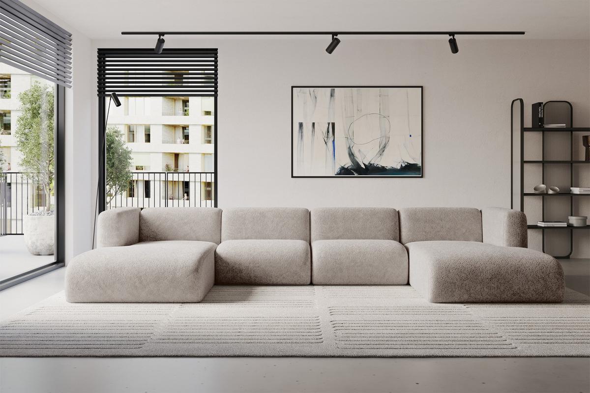WOHNLANDSCHAFT MIRA-U2 408x179x70 Hellgrau Velours - Hellgrau/Schwarz, Holzwerkstoff/Kunststoff (408/70/179cm) - ALTDECOR
