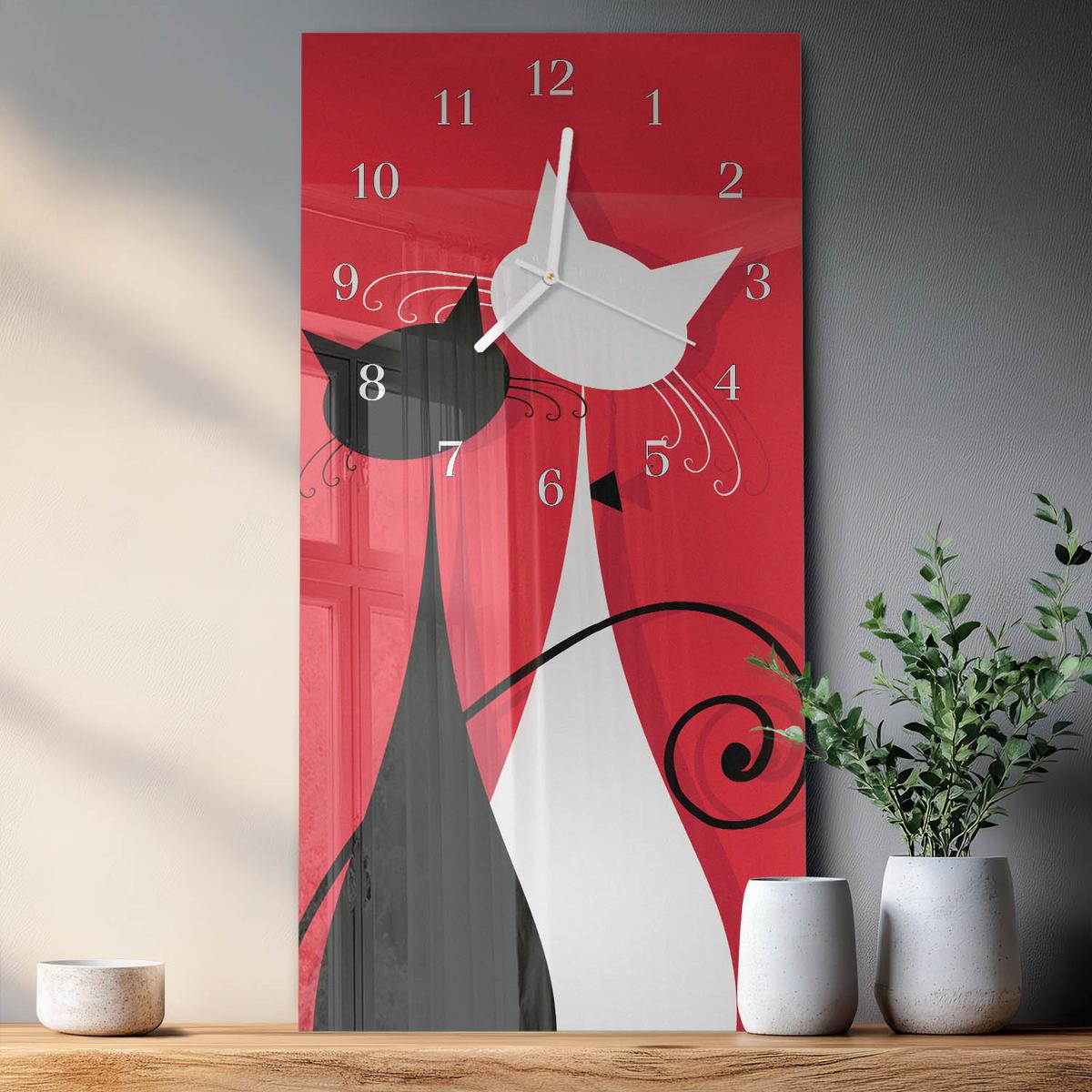WANDUHR aus Glas 30x60 cm - Katzen - Rot, Glas (30/60/0.4cm) - TULUP