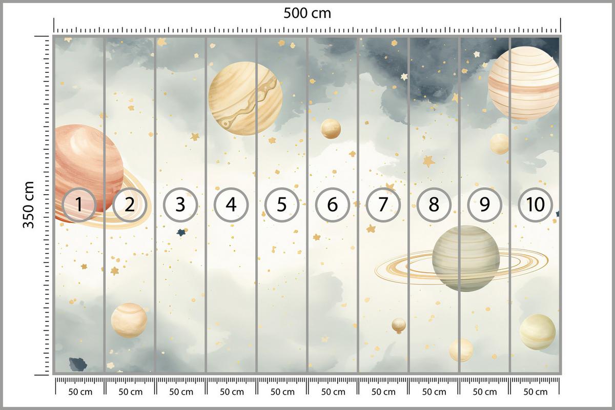 FOTOTAPETE für Kinderzimmer Pastell Planeten Saturn Uran Sterne 500x350 - Blau/Ecru, Papier (500/350cm) - Muralo