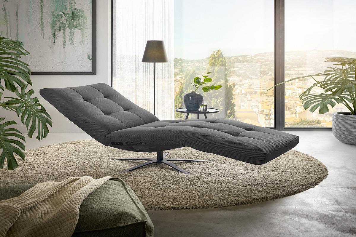 RELAXLIEGE LETICIA Anthrazit Cord Drehbar (360°), Relaxfunktion - Anthrazit/Schwarz, Textil/Metall (82/115/156cm) - KAWOLA